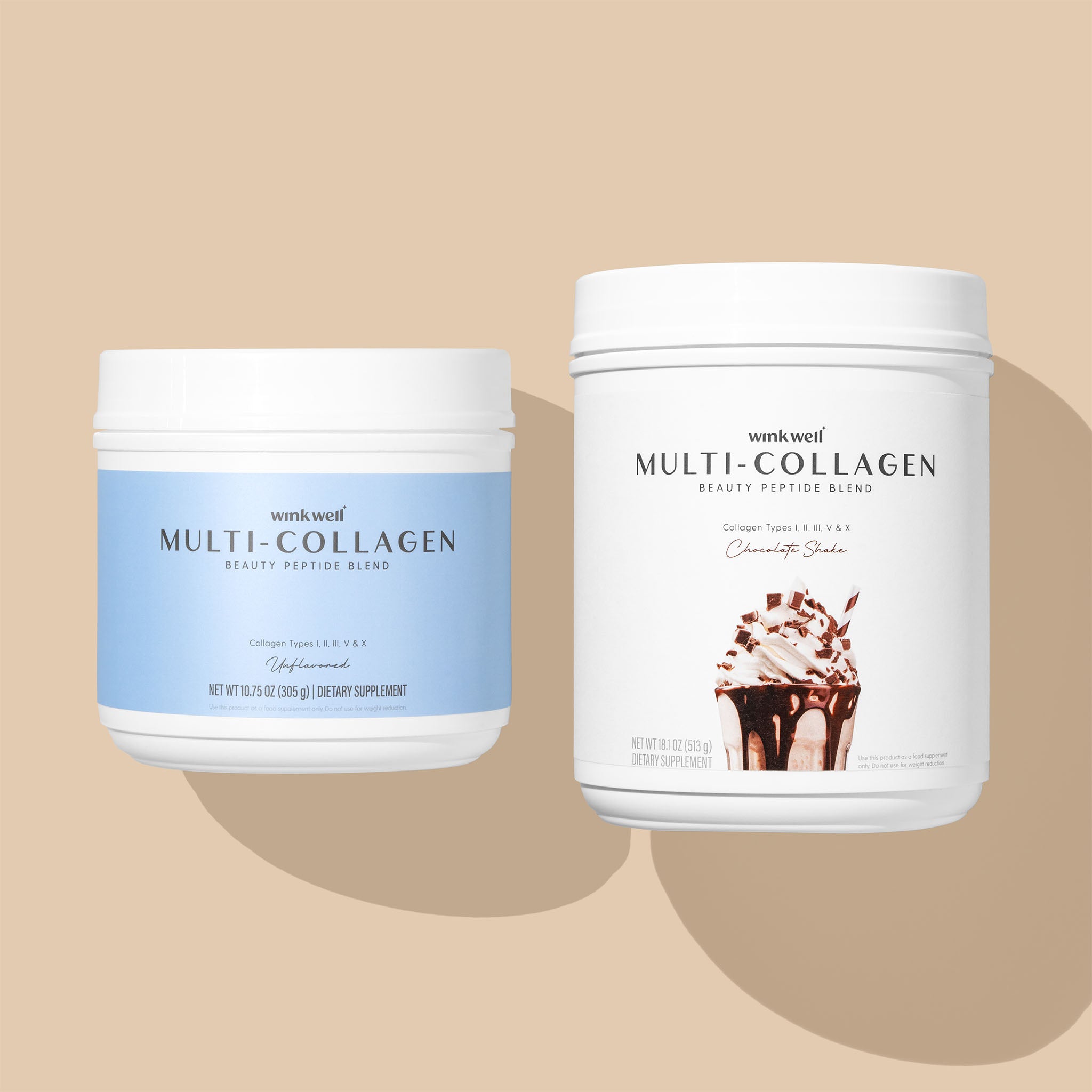 Two Wink Well Multi-Collagen Beauty Peptide Blend containers on a beige background, one unflavored with a light blue label and one chocolate flavored with a white label featuring a chocolate dessert graphic