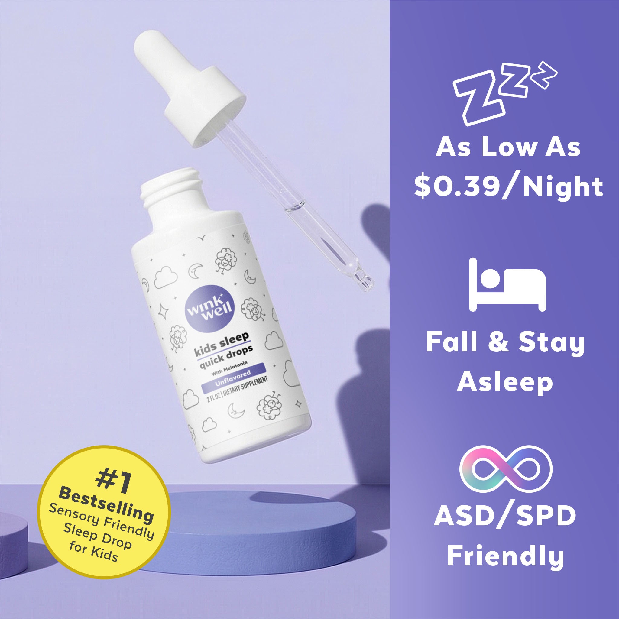 White bottle with dropper labeled 'wink well' on a purple background with product information text.