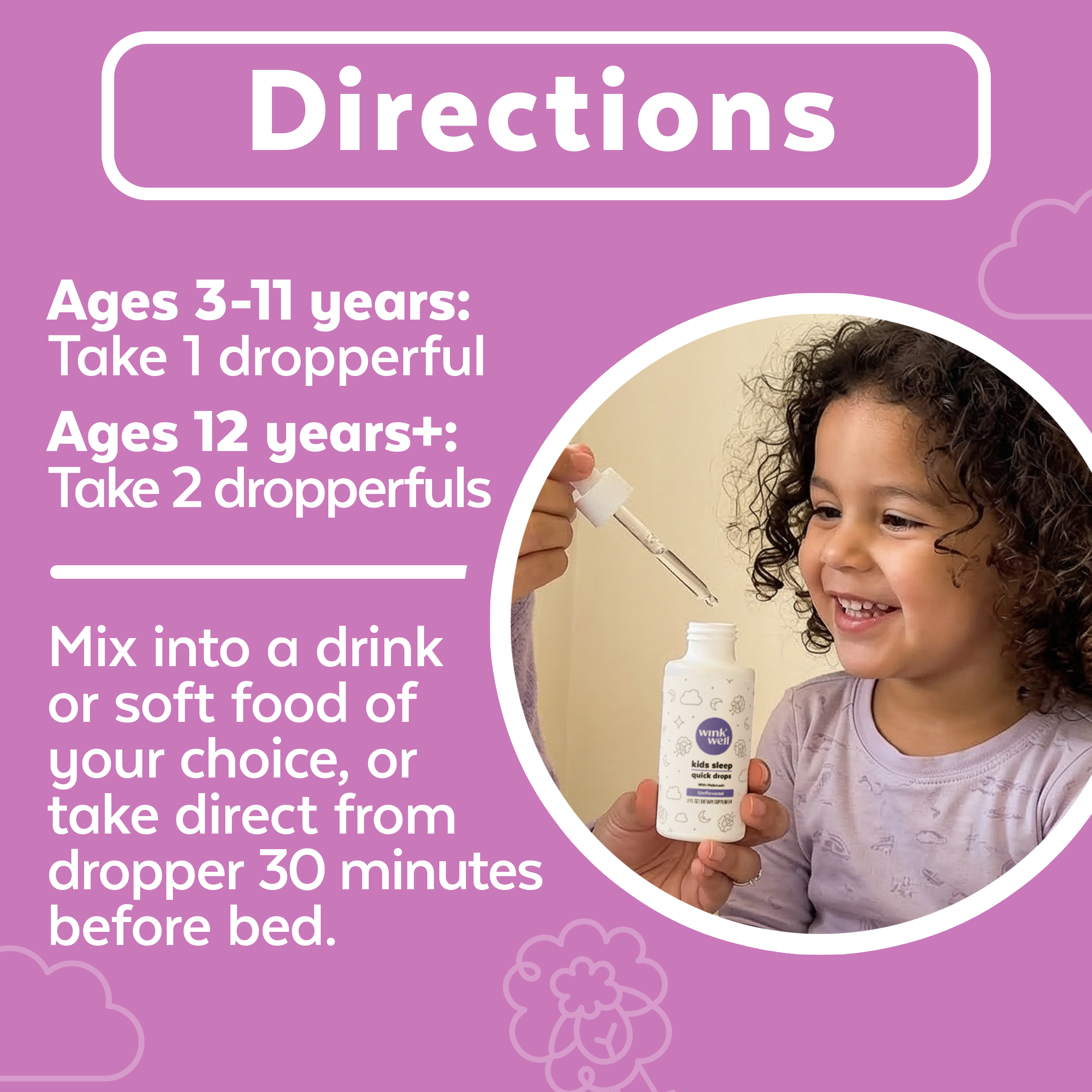Product usage instructions with a child being administered the Kids Sleep Quick Drops on a purple background