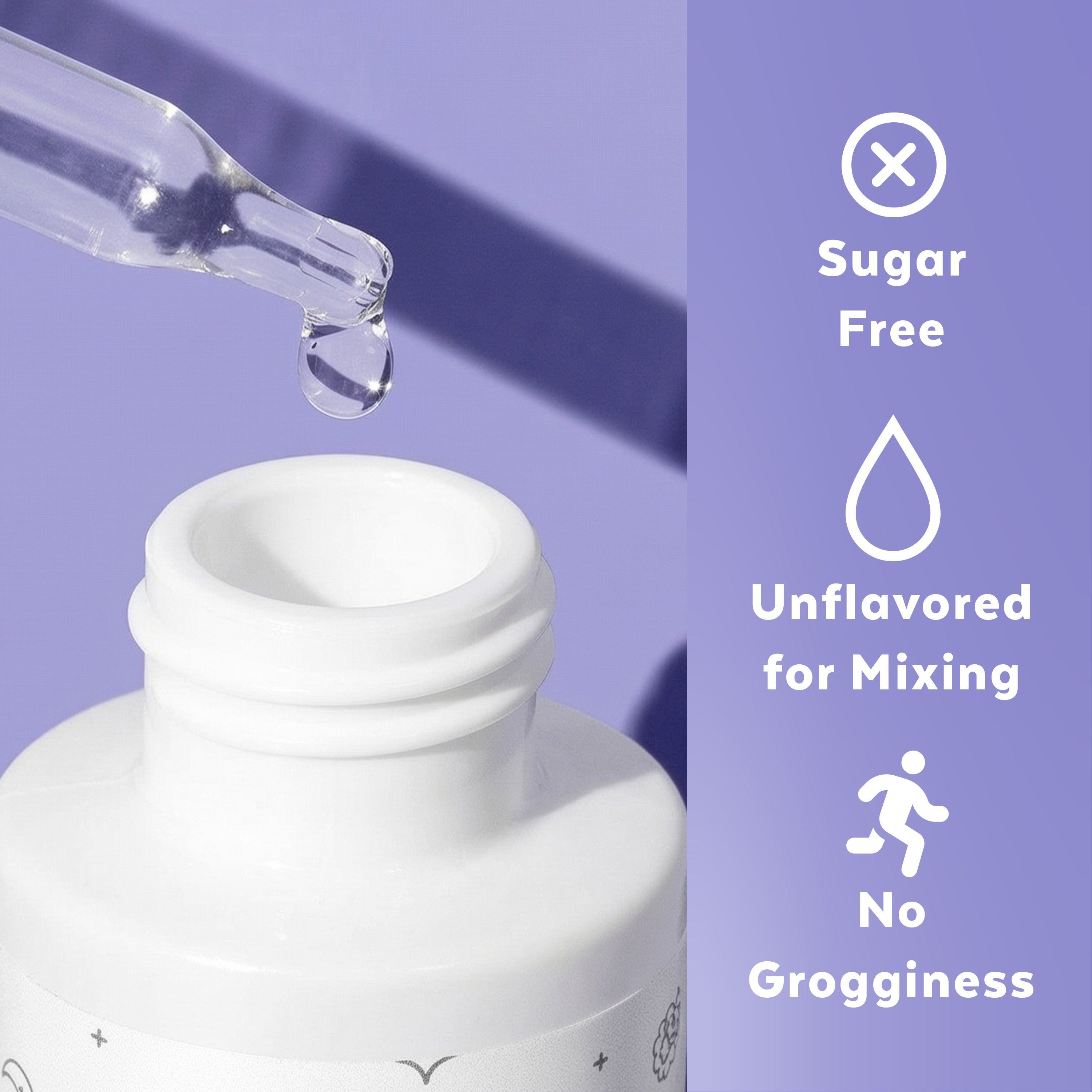 White bottle with dropper on a purple background, featuring text about sugar-free and unflavored properties.