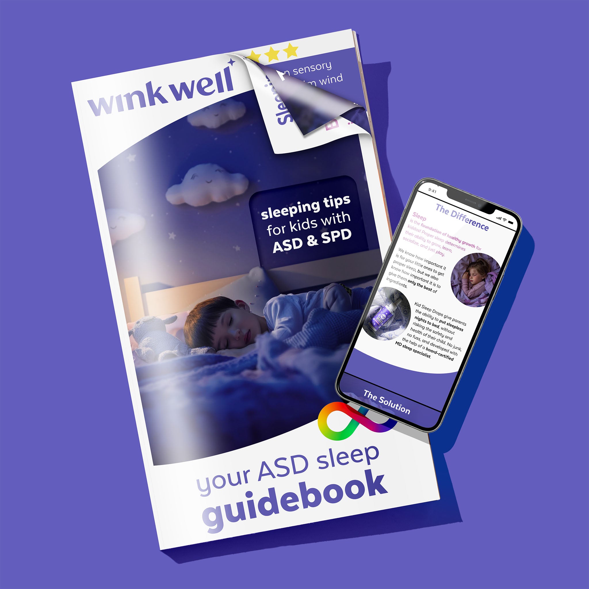 Wink Well ASD sleep guidebook shown as a printed booklet and on a phone screen