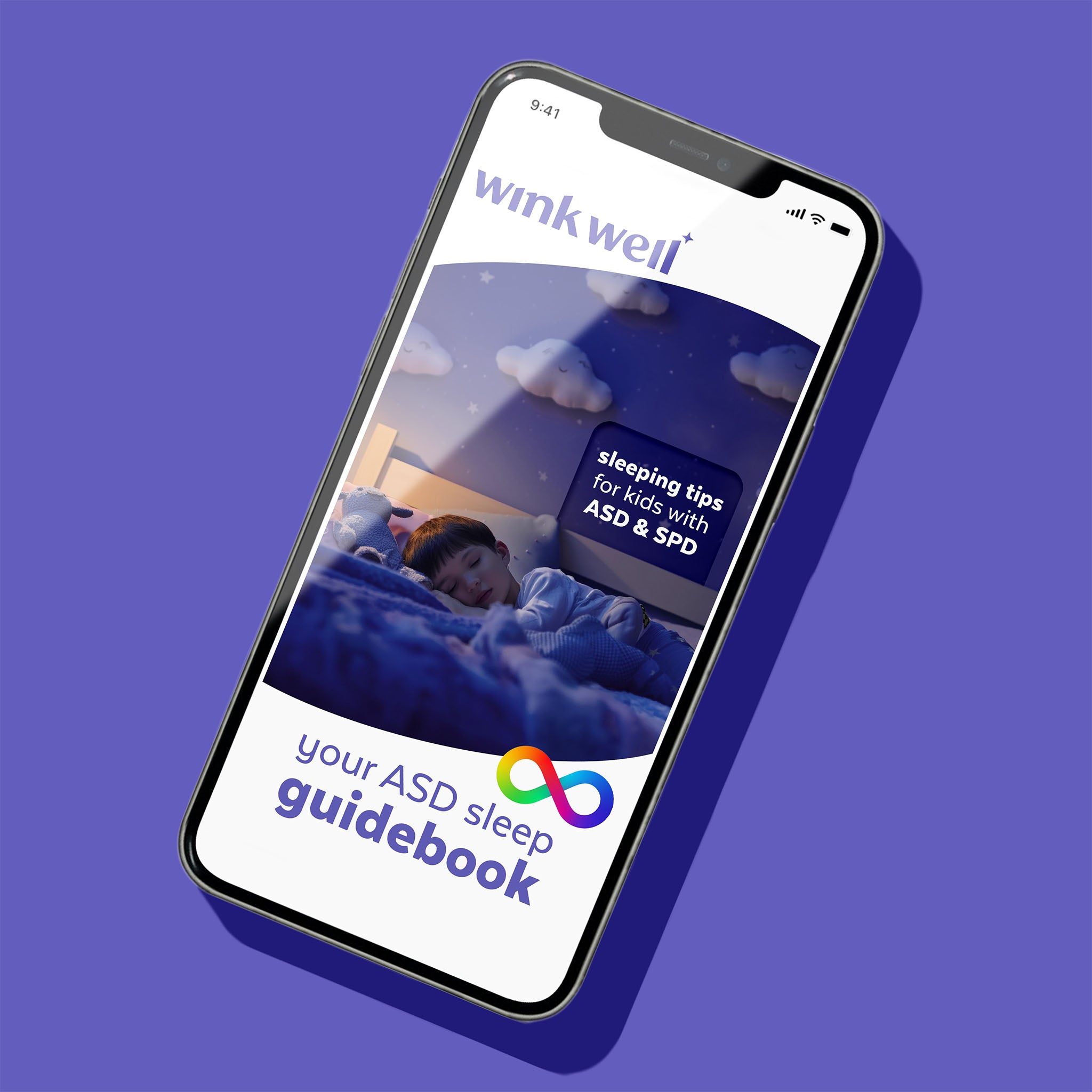 Wink Well ASD sleep guidebook cover displayed on a smartphone against a purple background