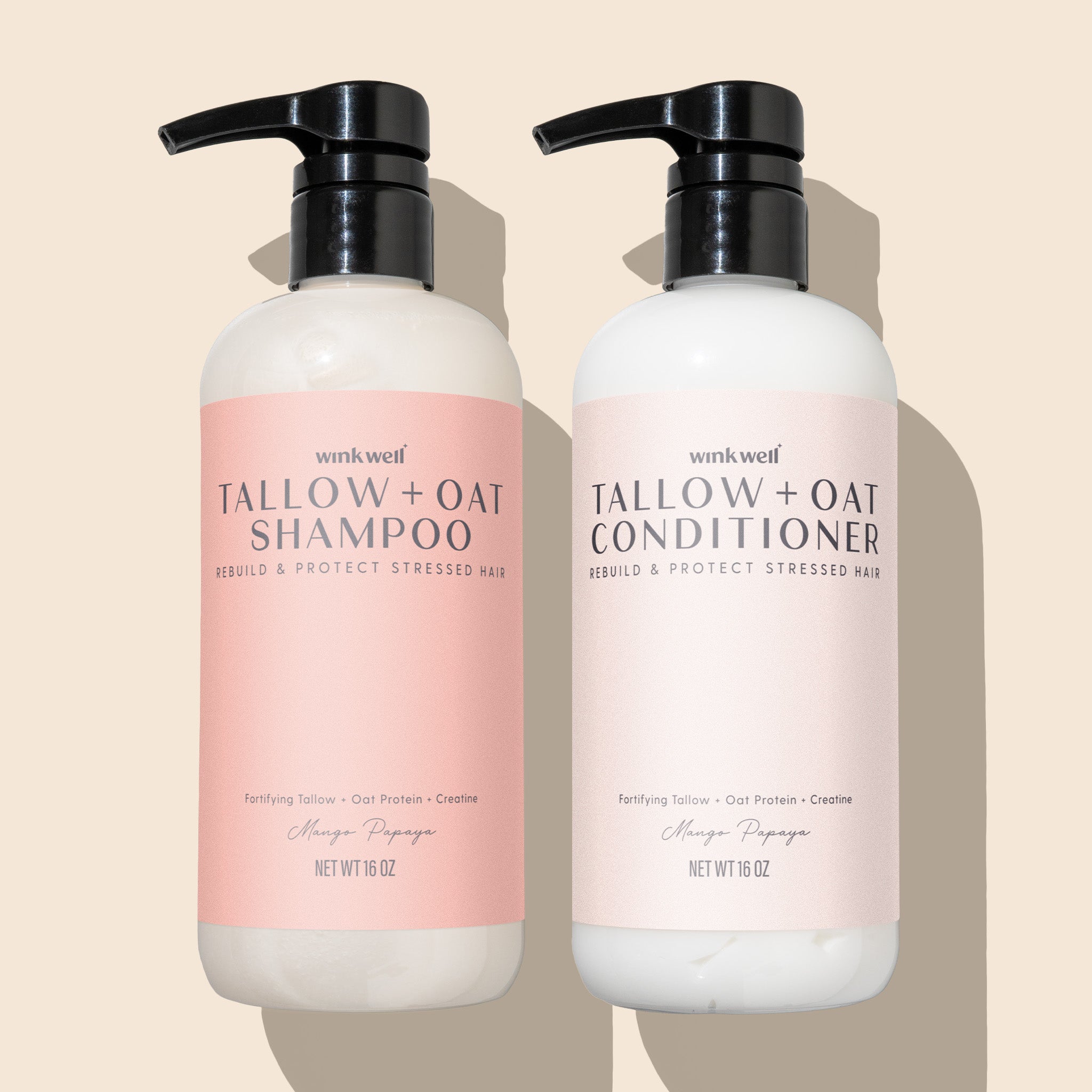 Two bottles of tallow and oat shampoo and conditioner on a beige background
