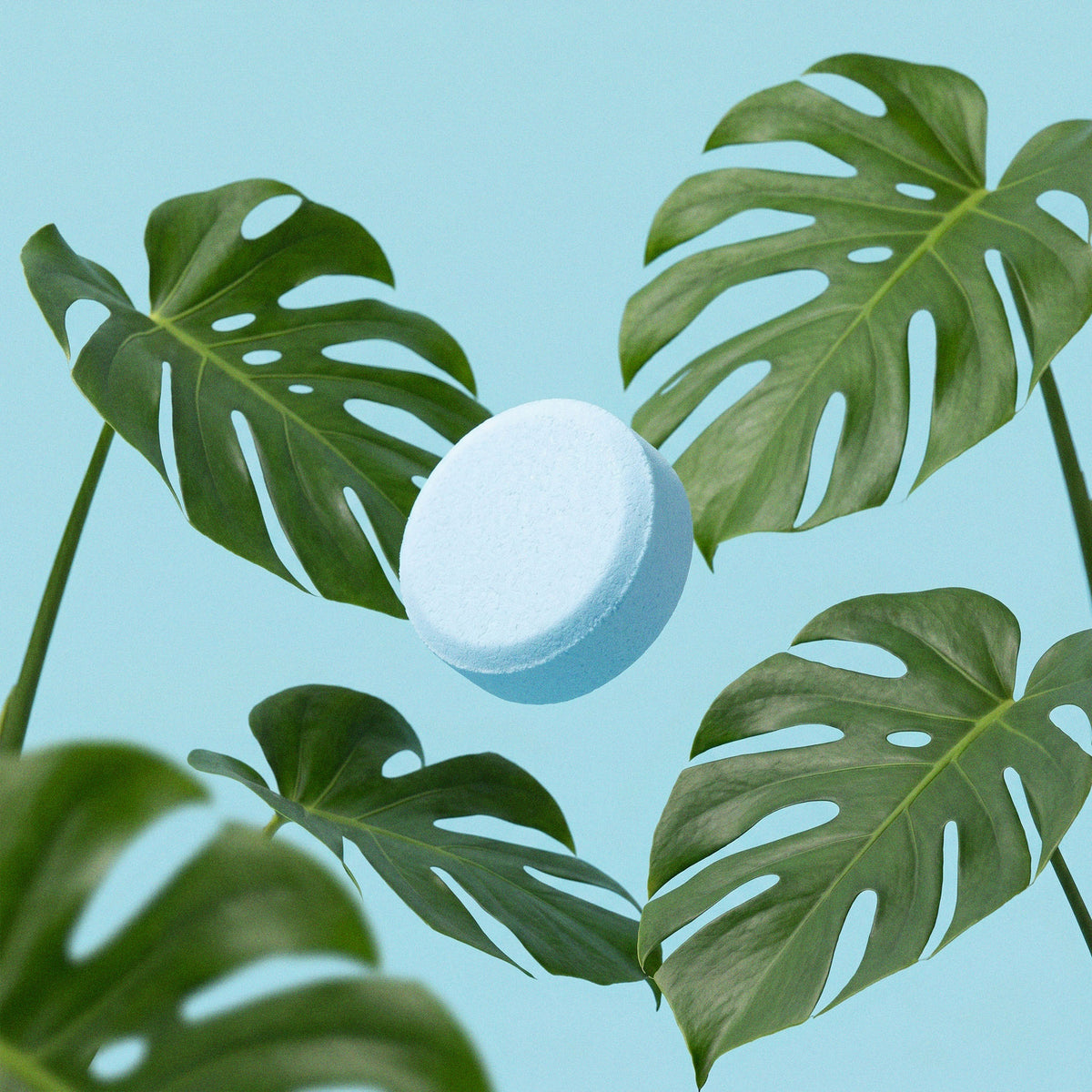 Blue Wink Well Toilet Tablet floating in front of green leaves on a light blue background