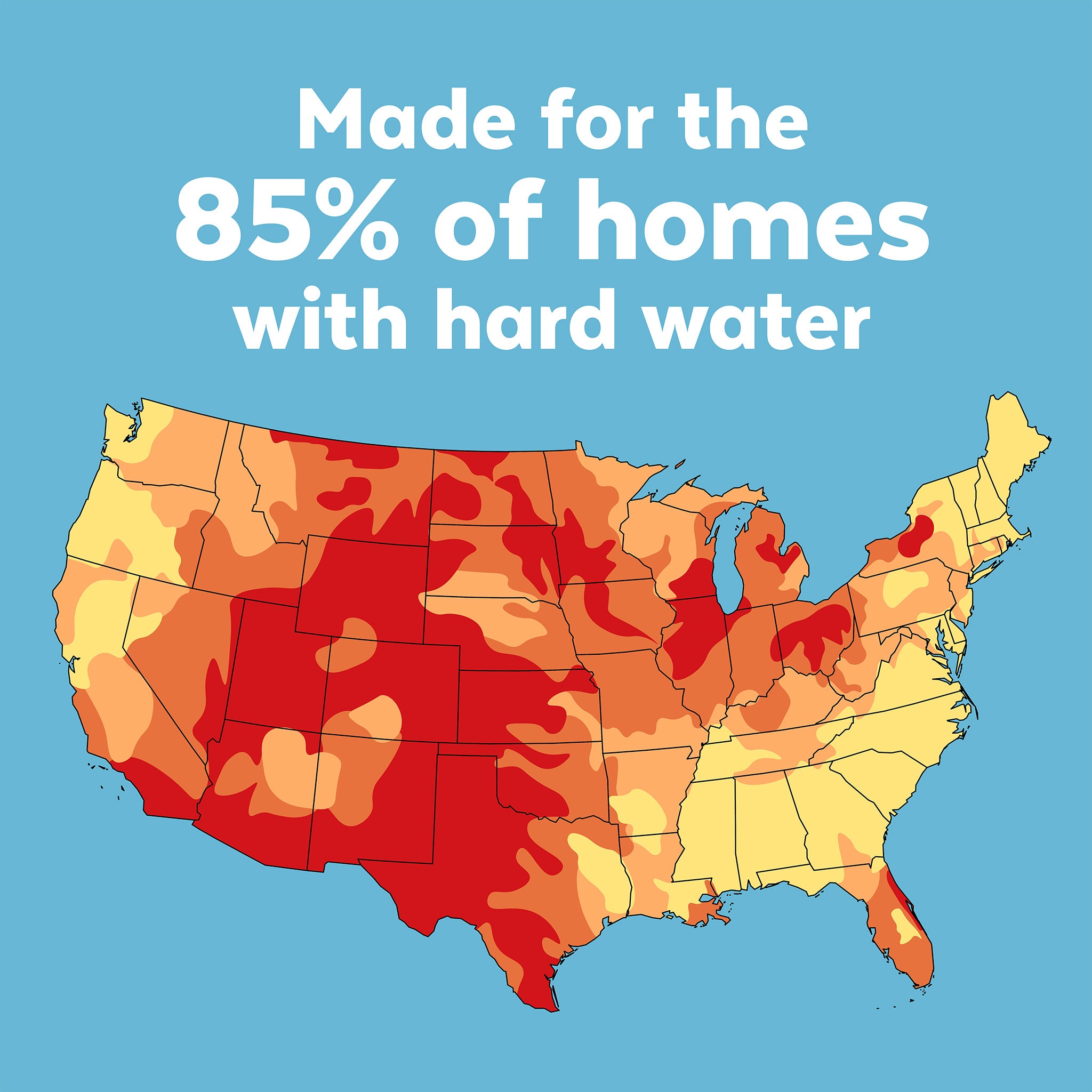 Map of the United States with a color gradient indicating areas with hard water, on a blue background with text.