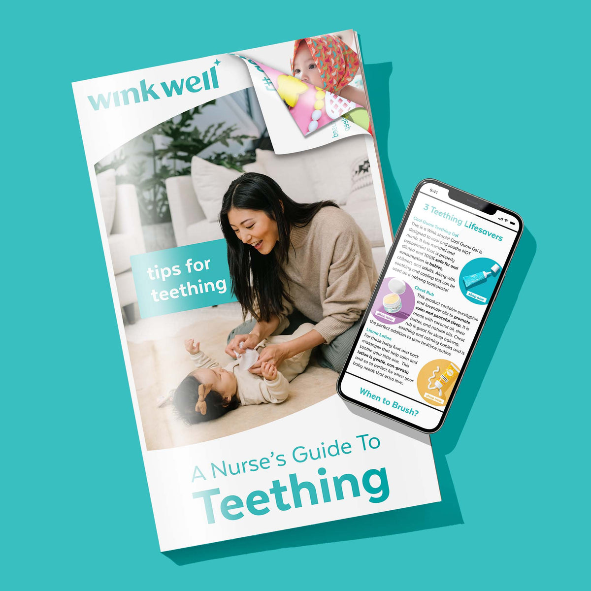 Wink Well A Nurse's Guide to Teething shown as a printed booklet and on a phone screen