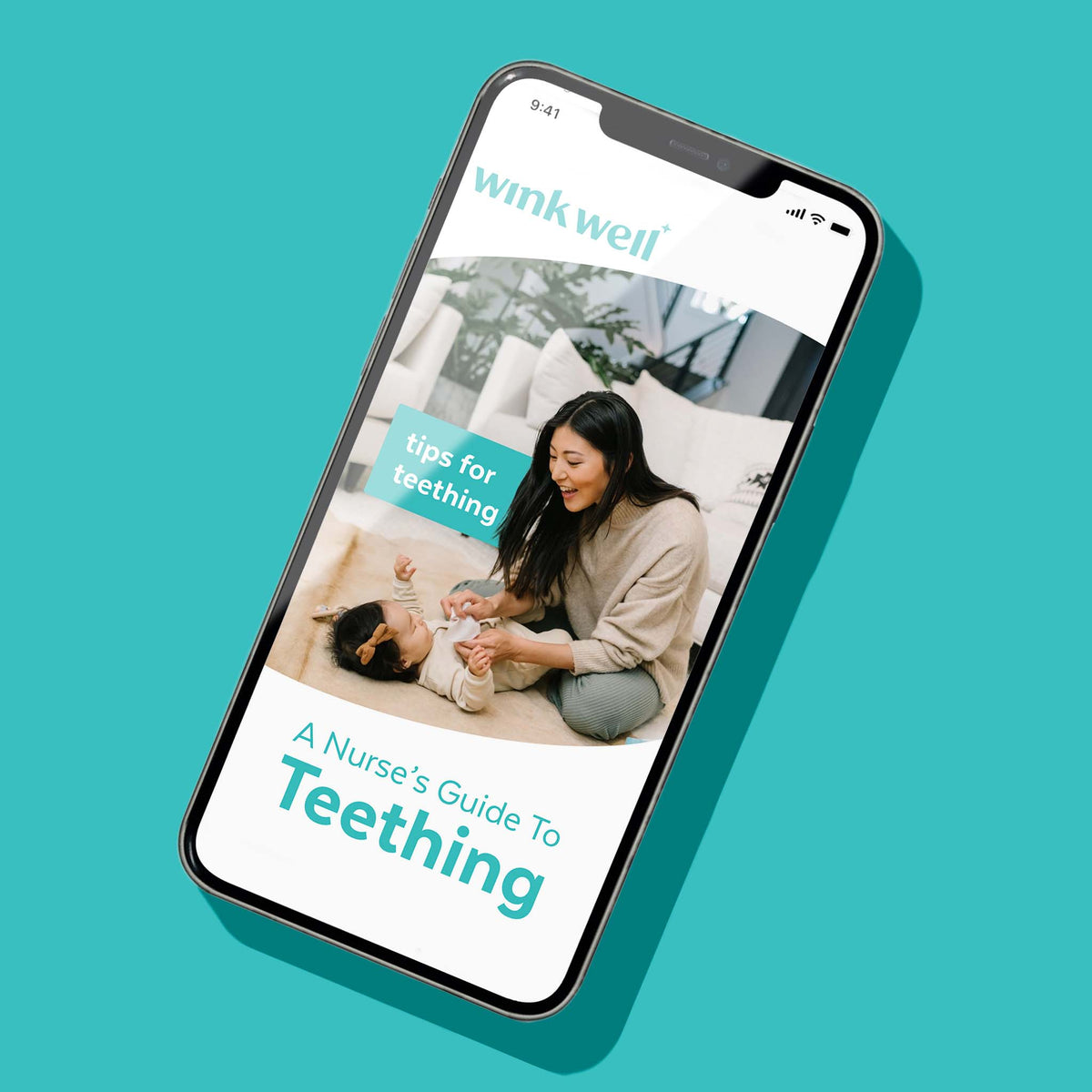 Wink Well A Nurse's Guide to Teething cover displayed on a smartphone against a teal background