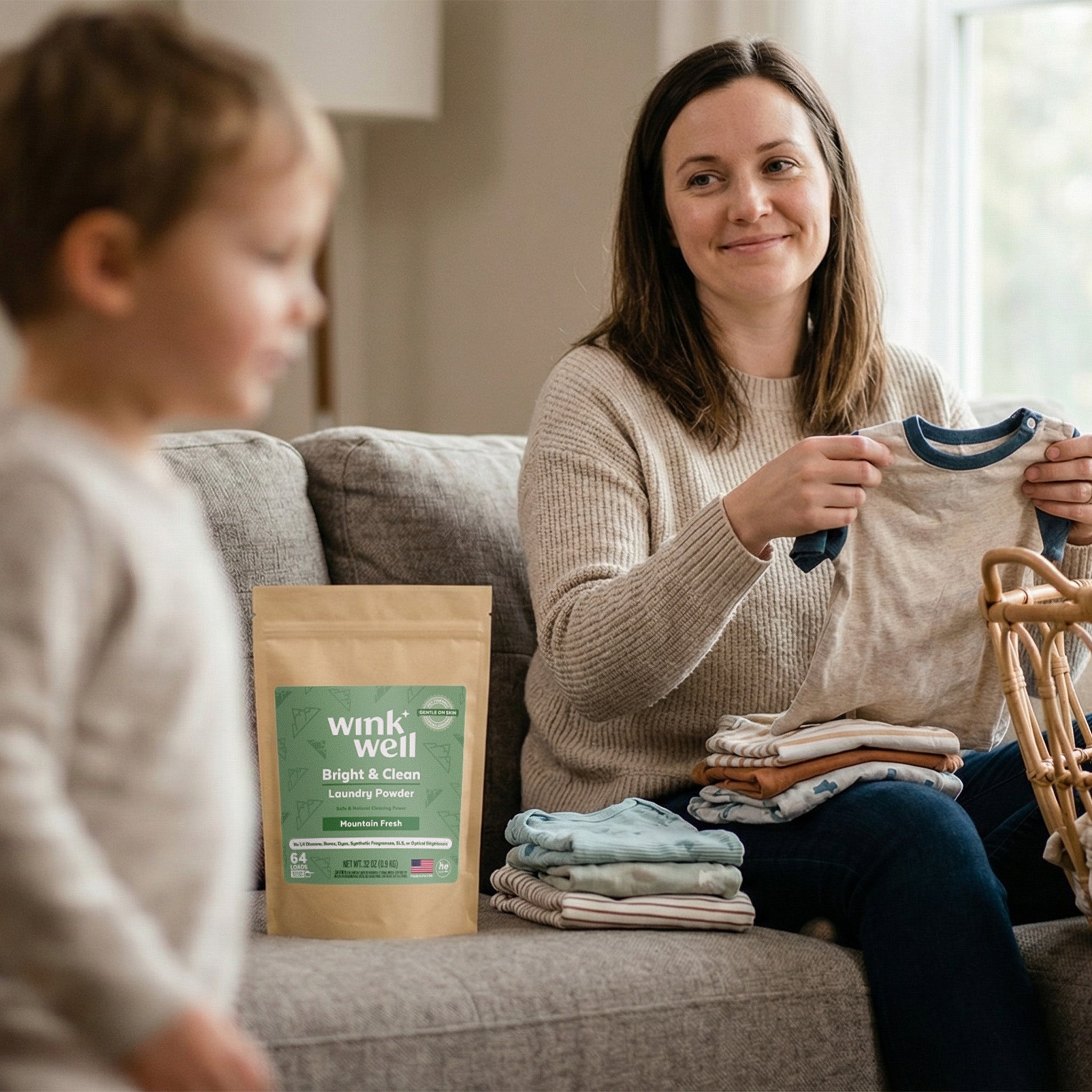 Woman holding baby clothes with a package of Wink & Well laundry powder on a couch.