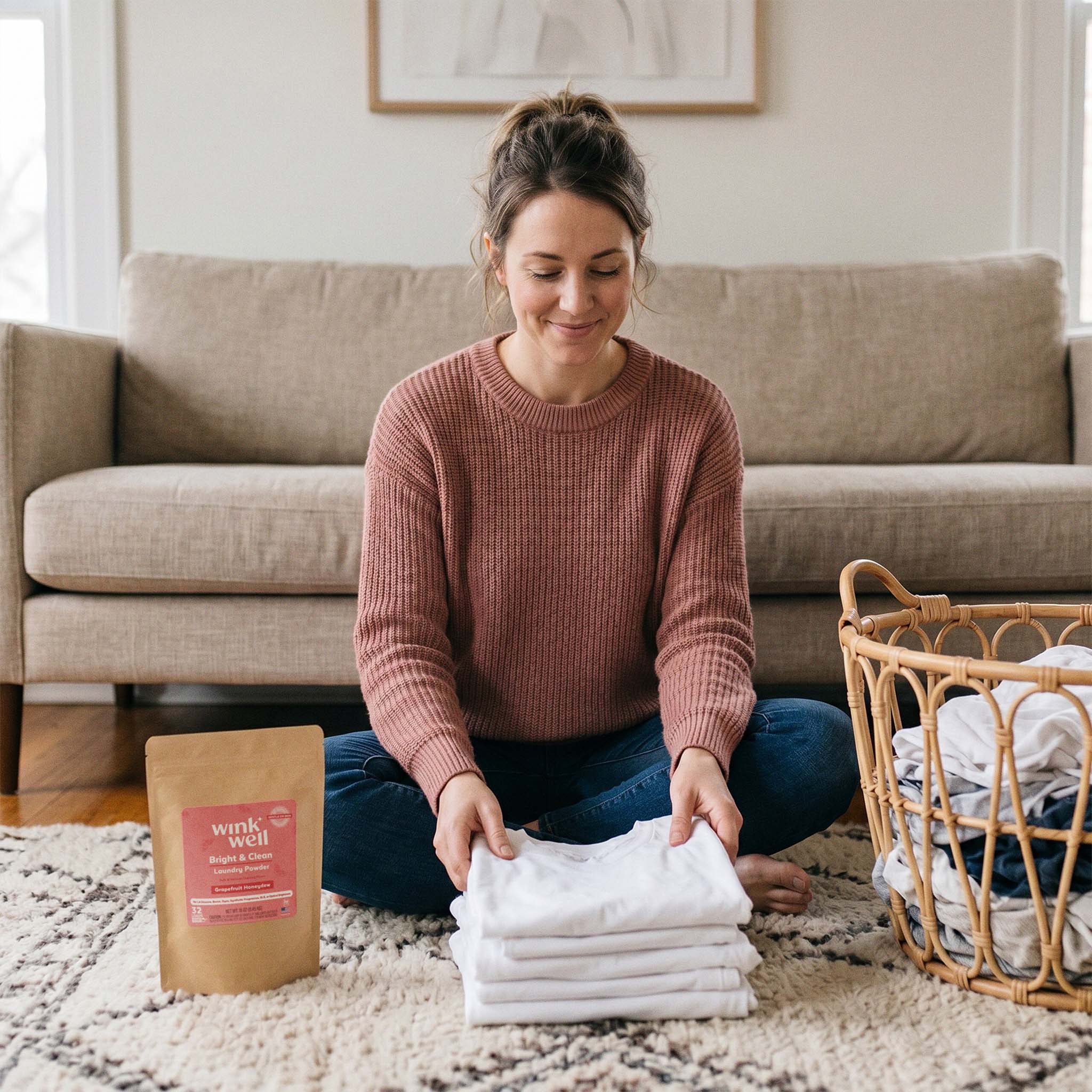Woman folding laundry next to a package of Wink Well Grapefruit Honeydew Laundry Powder