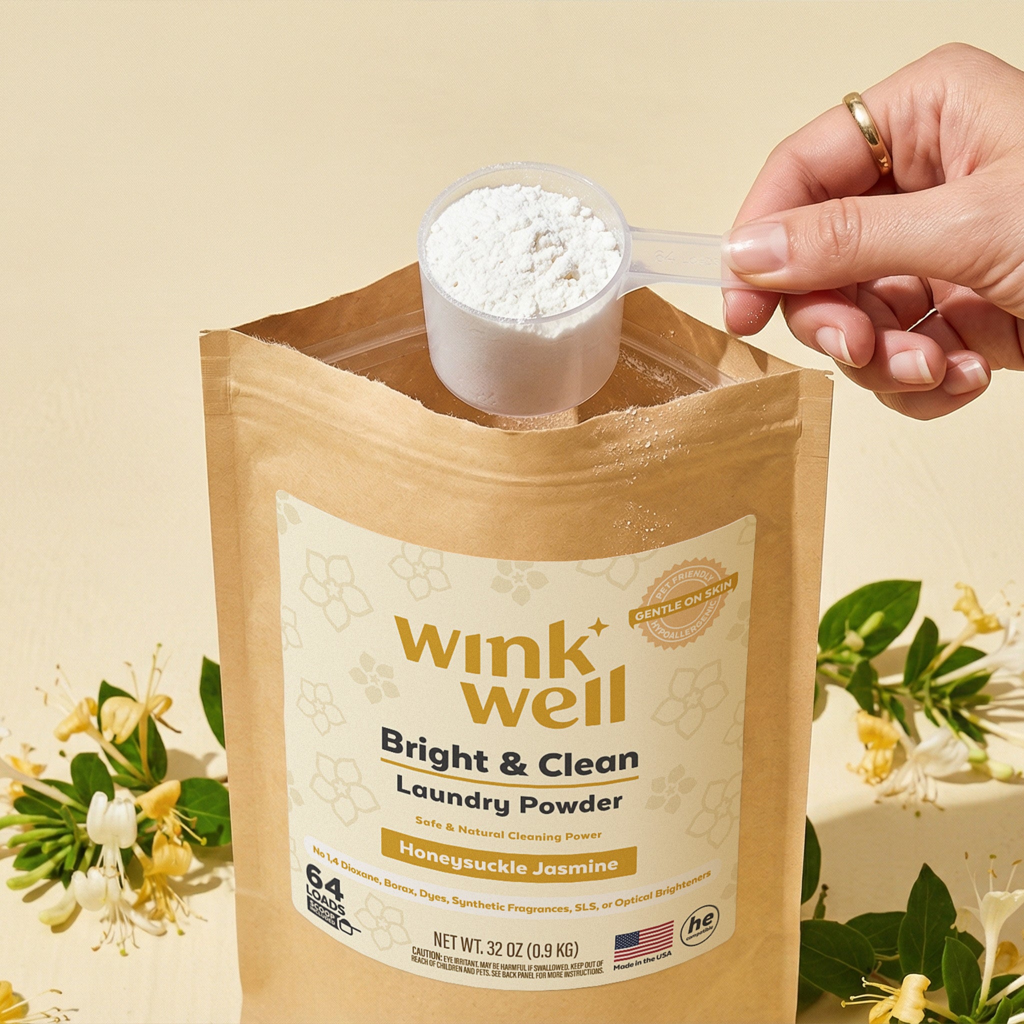 Wink Well laundry powder package with a hand holding a scoop of powder against a beige background with flowers.