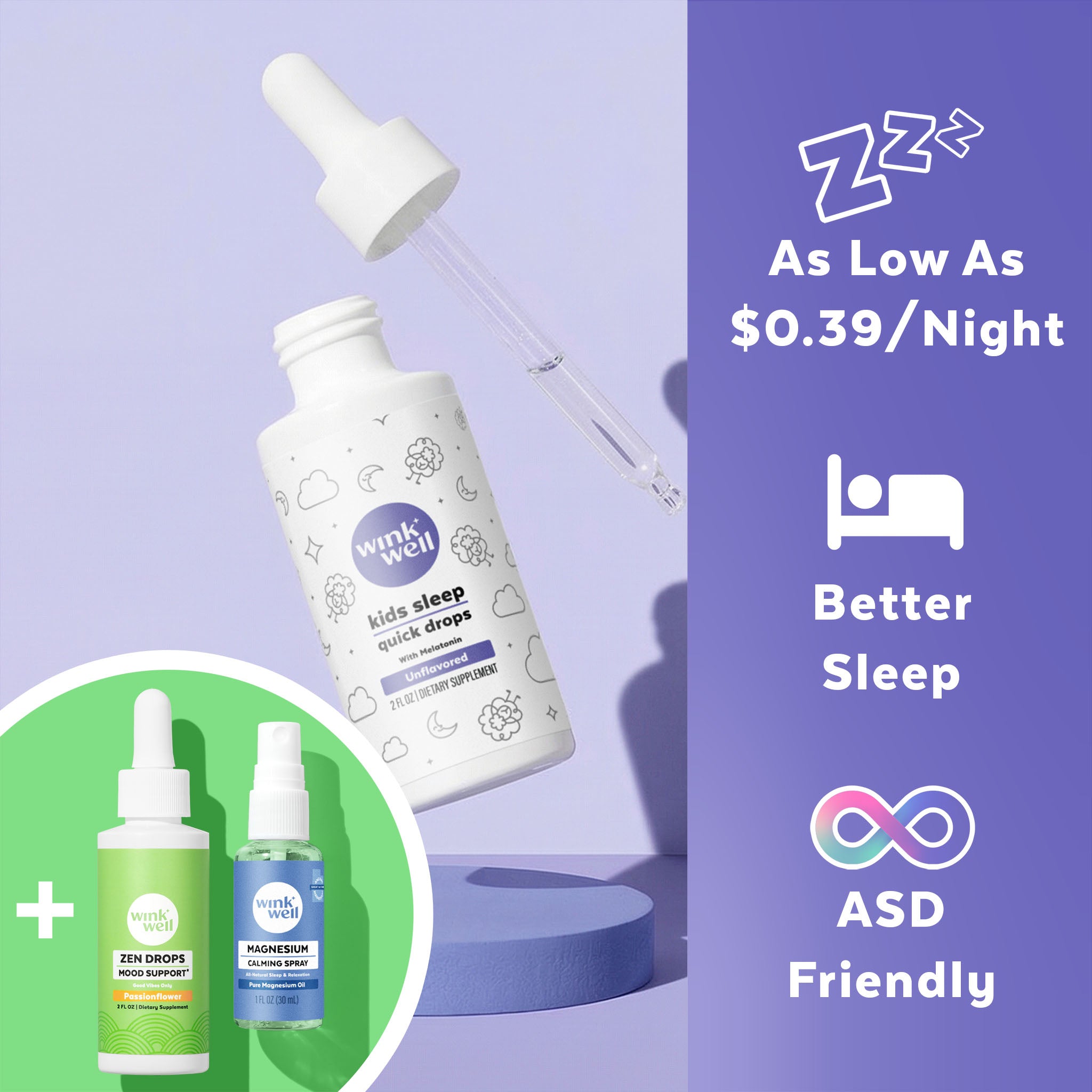 White bottle with dropper labeled 'wink well' on a purple background with product information text.