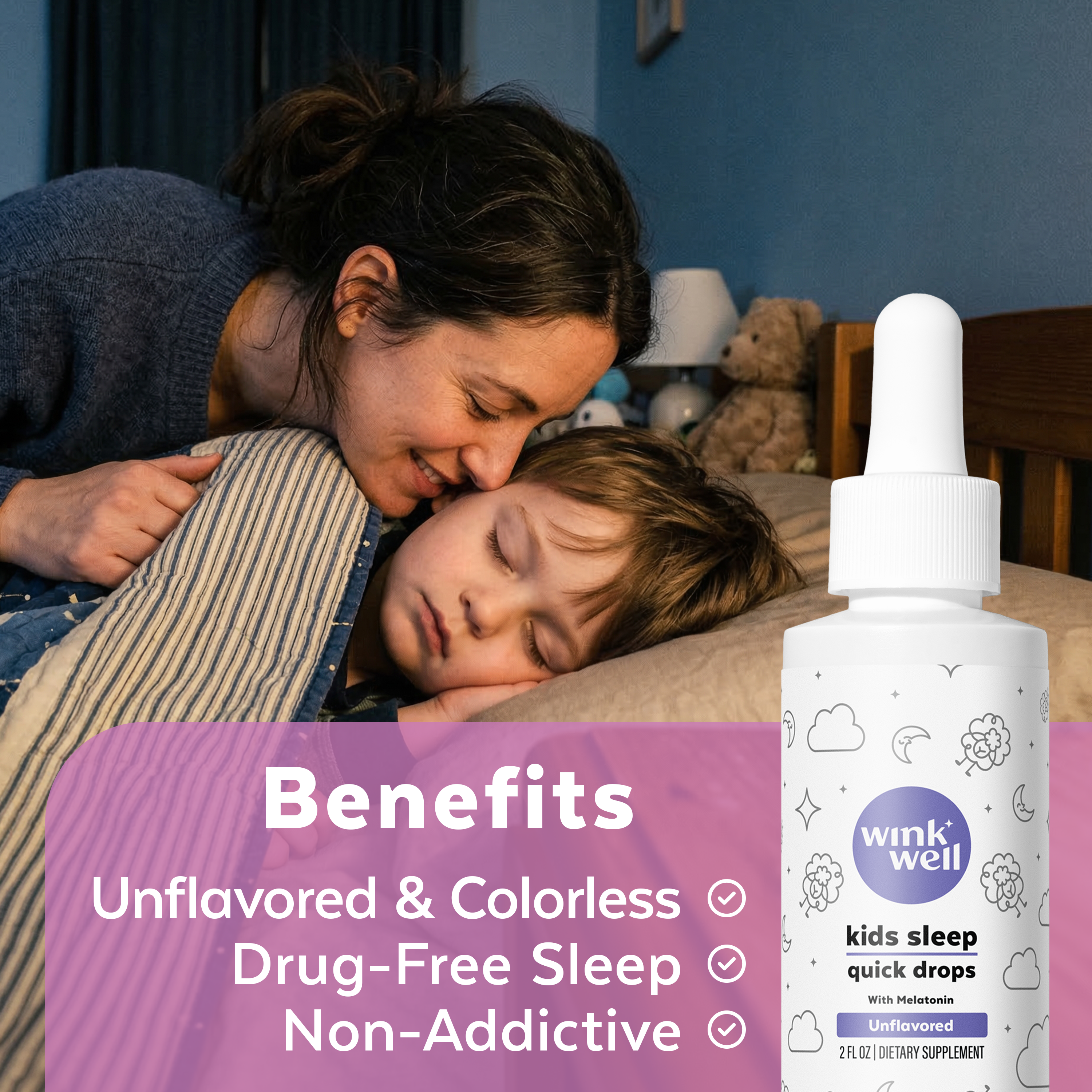 Woman tucking in her child, who is sleeping in his bed with a bottle of Wink Well Kids Sleep Quick Drops
