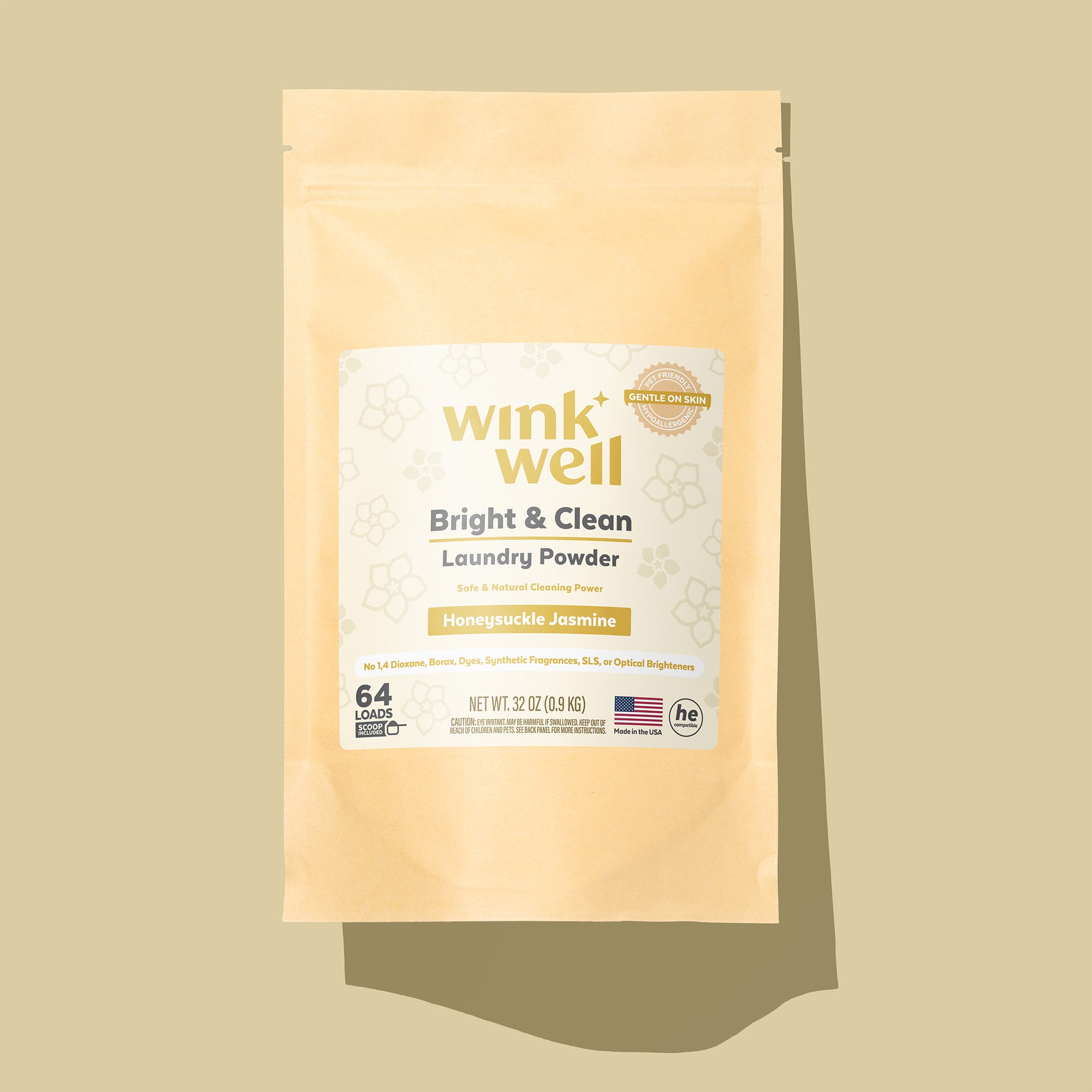 Package of Wink Well laundry powder on a beige background