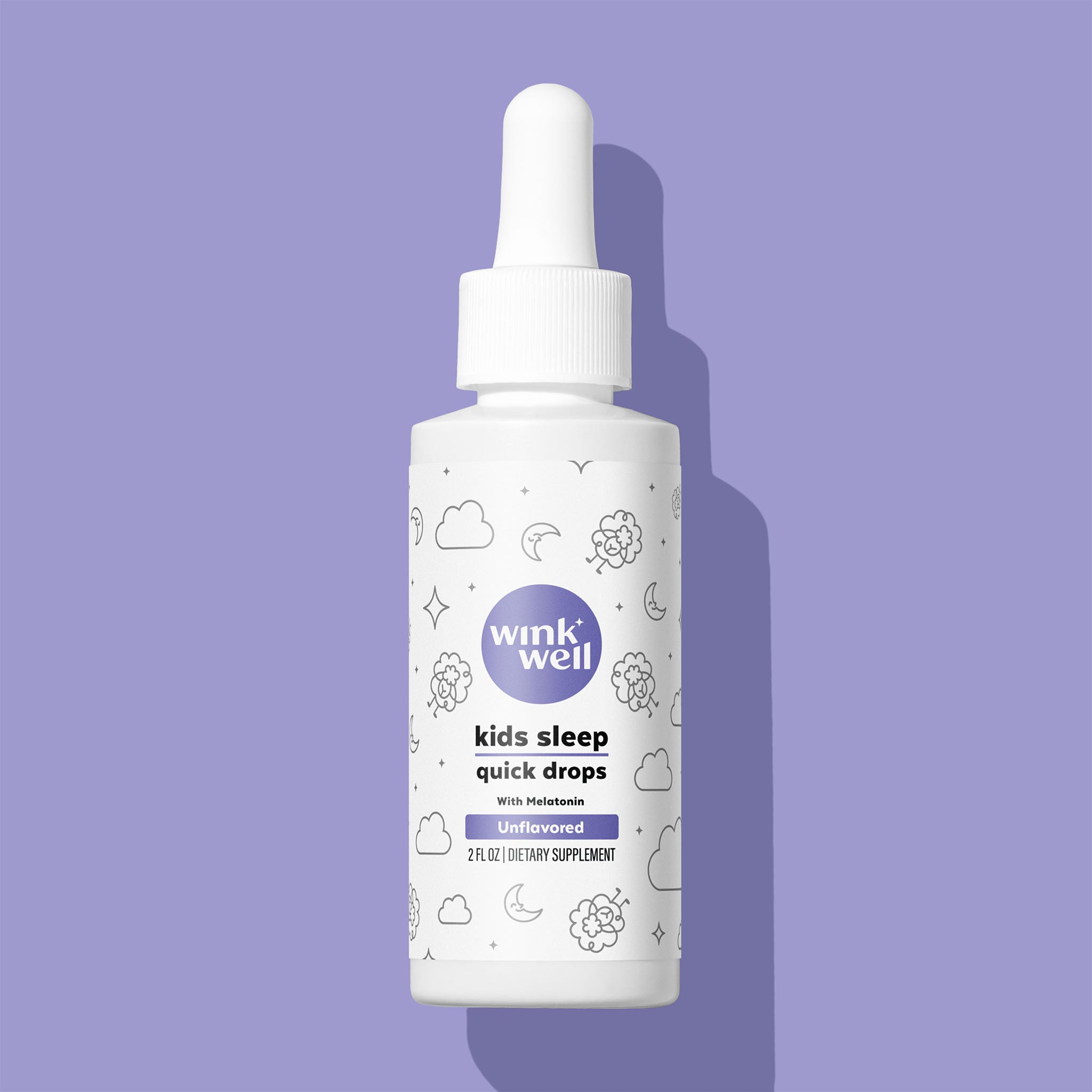 Bottle of Wink Well Unflavored Kids Sleep Quick Drops on a purple background